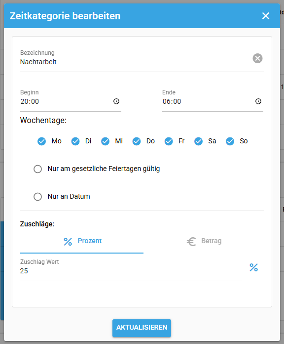 Zeitkategorie bearbeiten Dialog